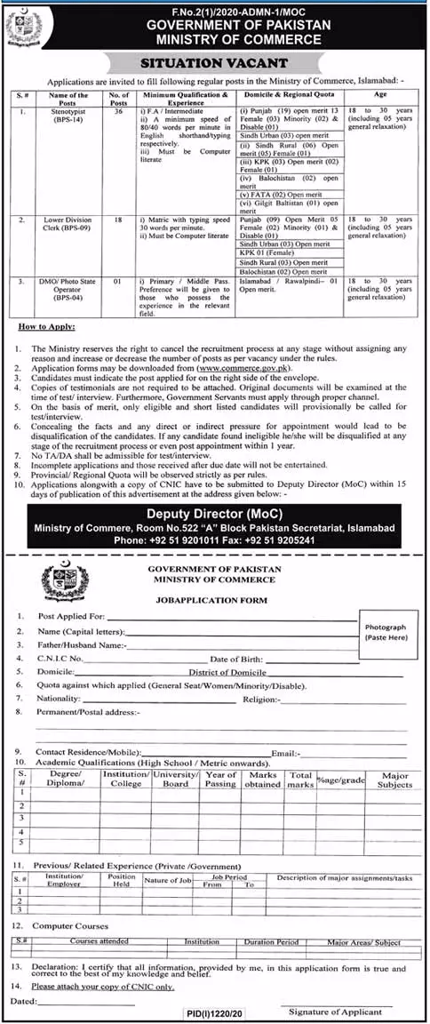 Jobs Ministry of Commerce MoC Jobs 2020 Jobs in Ministry of Commerce Govt of Pakistan 2020