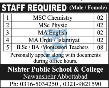nushter2Bpublic2Bschool2Band2Bcollege2Bjobs2B202021 Teaching Jobs in Nishter Public School and College Abbottabad 2020