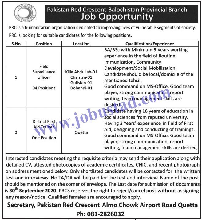 prcs jobs september 2020 Jobs in Pakistan Red Crescent Society Balochistan 2020