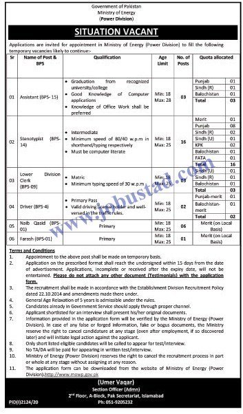 Jobs in Ministry of Energy Latest Advertisement 2020