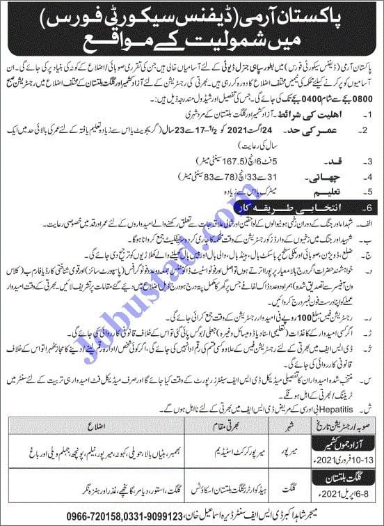 dsf2Bjobs 20202B252812529 Join Pak Army Defence Security Force DSF as Sipahi Jobs 2020 latest advertisement