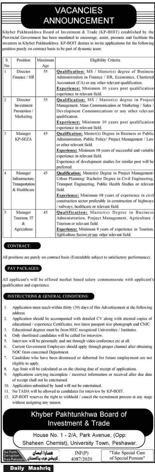 Jobs in KPK-Board of Investment and Trade Nov 2020