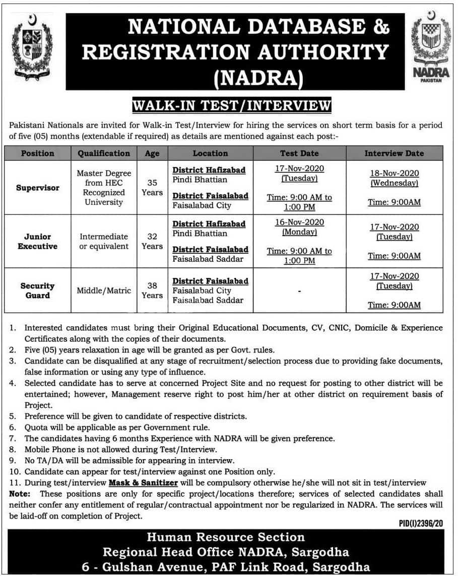Walk in Interview in National Database and Registration Authority NADRA 2020