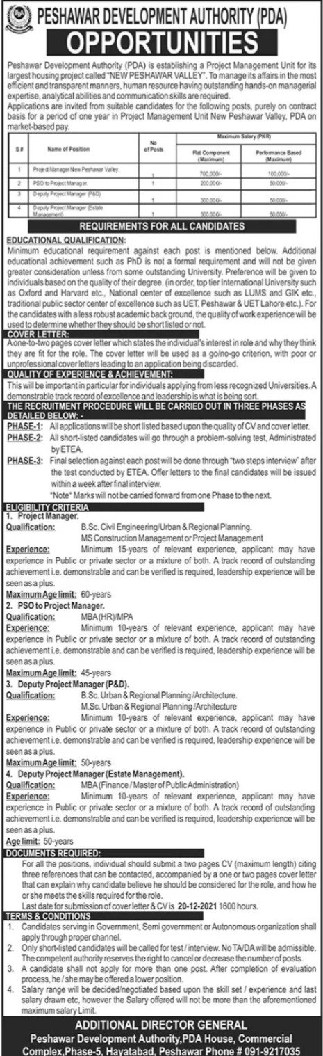 ETEA jobs 2021 – Peshawar Development Authority PDA Jobs 2021