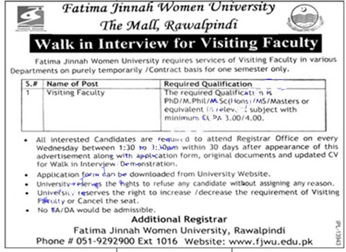 Fatima Jinnah Women University Rawalpindi jobs 2021