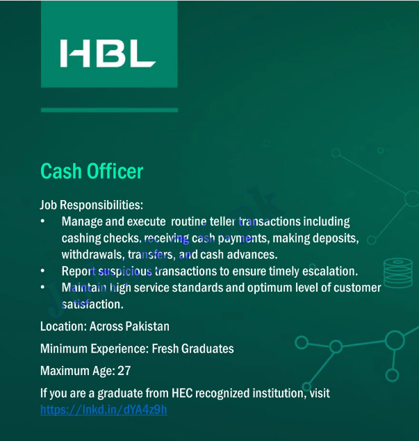 HBL jobs 2021 – Cash Officer Jobs in Habib Bank Limited 2021