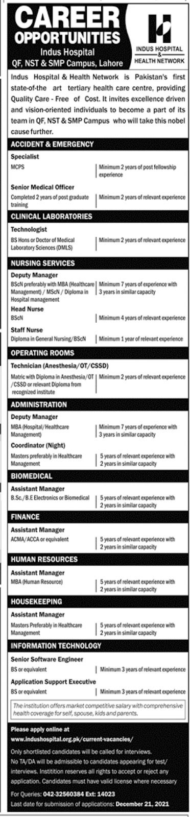 Indus Hospital & Health Network Jobs 2021 Advertisement