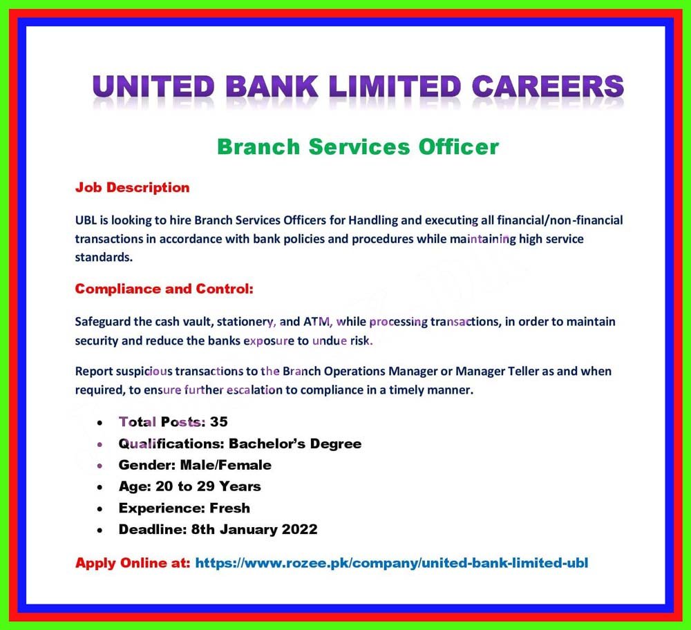 UBL jobs 2021 – United Bank Limited (UBL) Jobs 2021