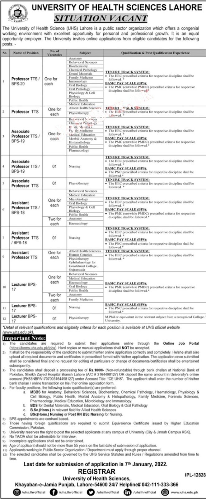 University of Health Sciences UHS Lahore jobs 2021 Advertisement