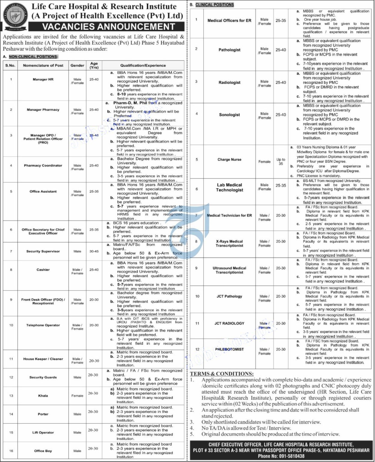 Life Care Hospital & Research Institute Peshawar jobs 2022