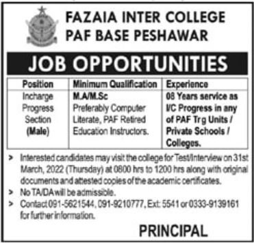 Fazaia Inter College PAF Base Peshawar jobs 2022