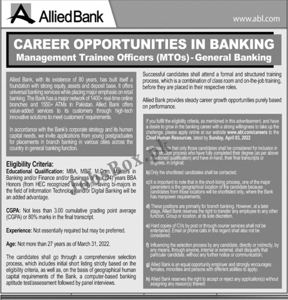 Allied Bank Limited ABL jobs 2022 – MTO Jobs 2022