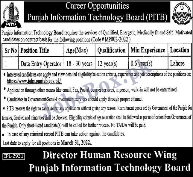 Punjab Information Technology Board PITB Jobs 2022 Application Form