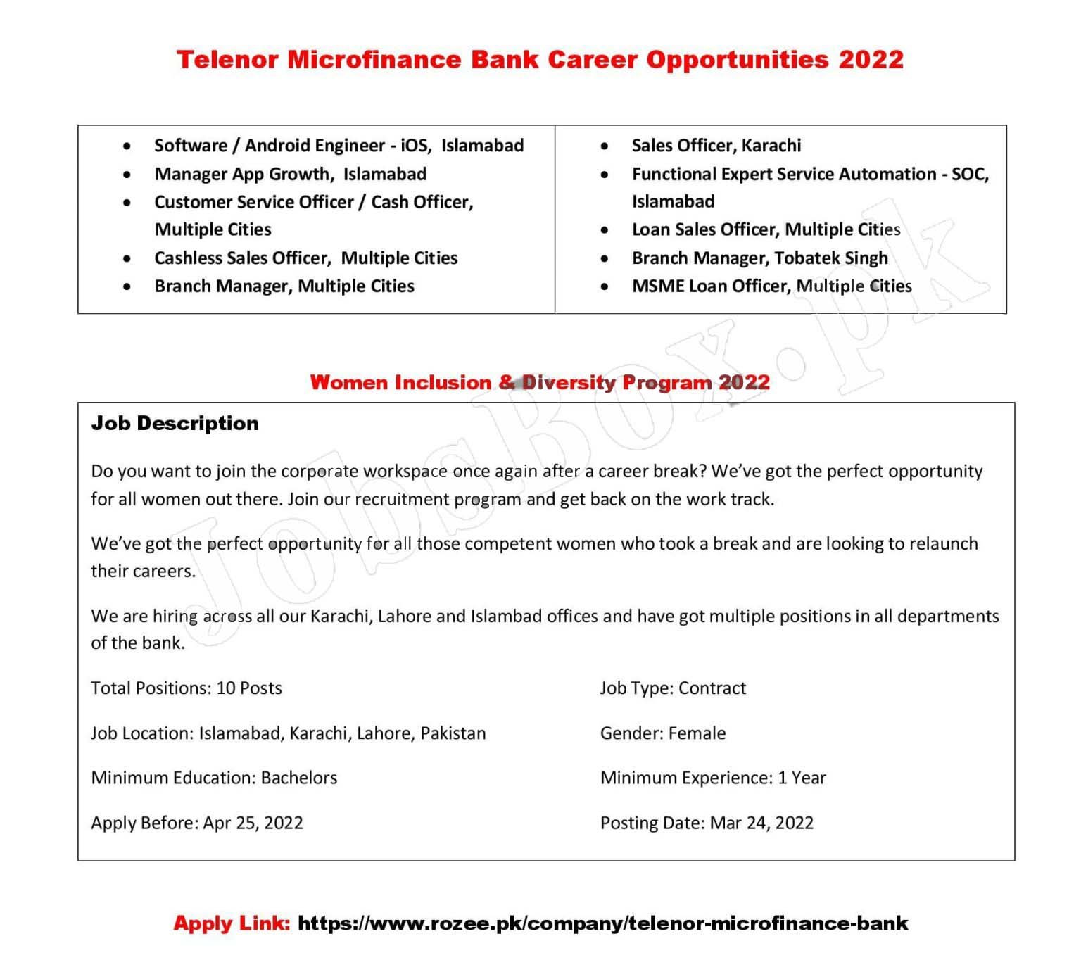 Telenor Microfinance Bank jobs 2022 for Pakistani