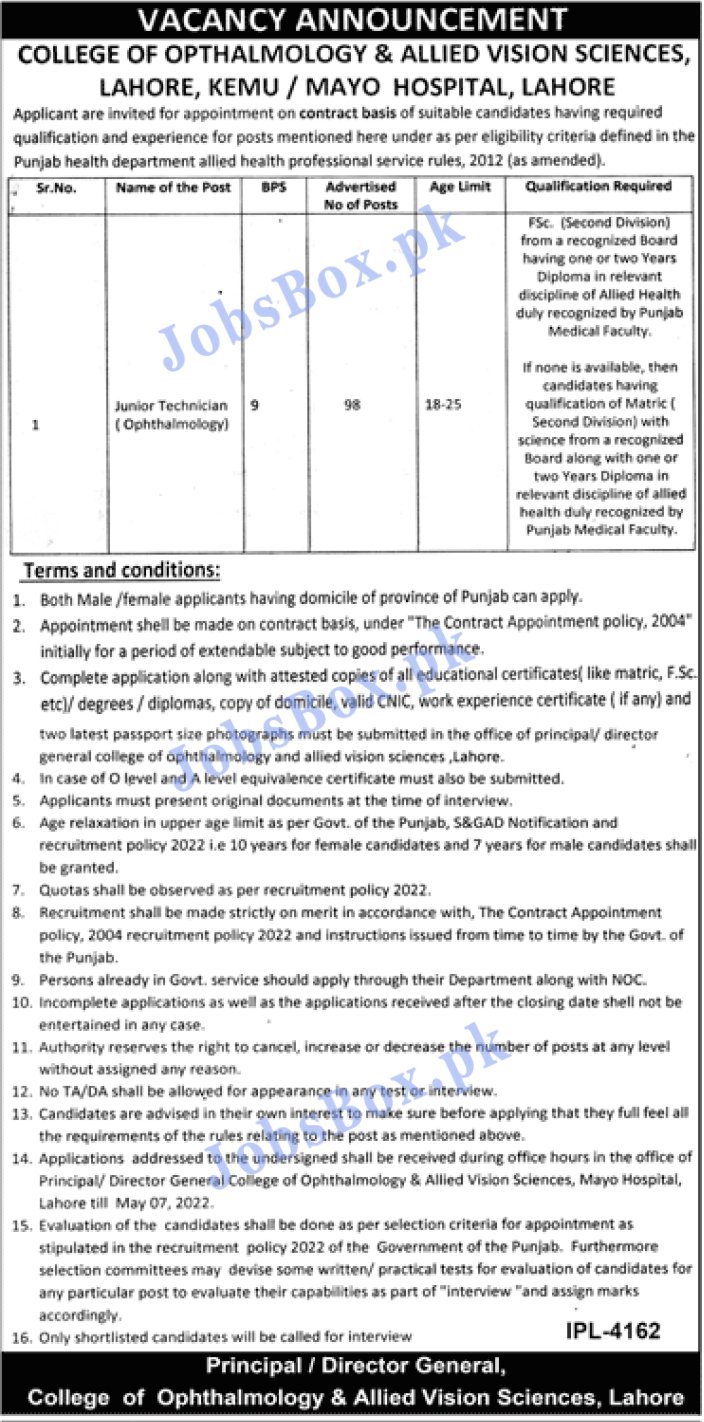 College of Ophthalmology and Allied Vision Sciences Lahore jobs 2022