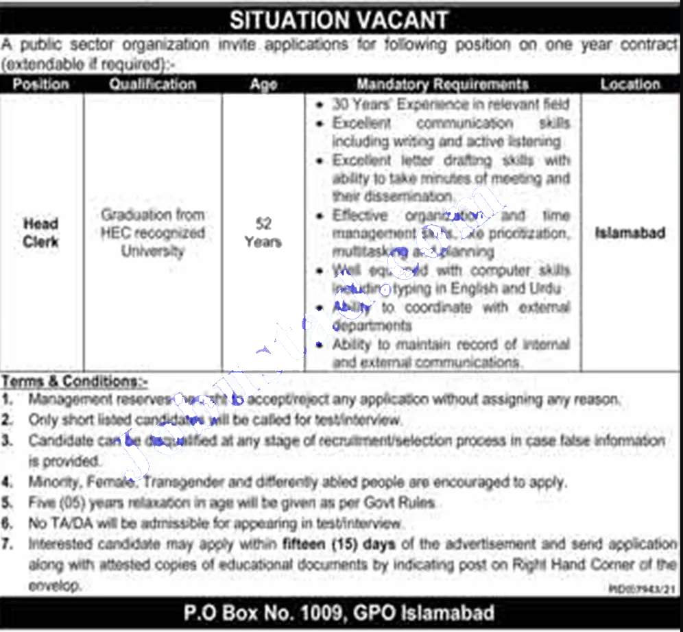 Public Sector organization Islamabad jobs 2022 Latest Advertisement