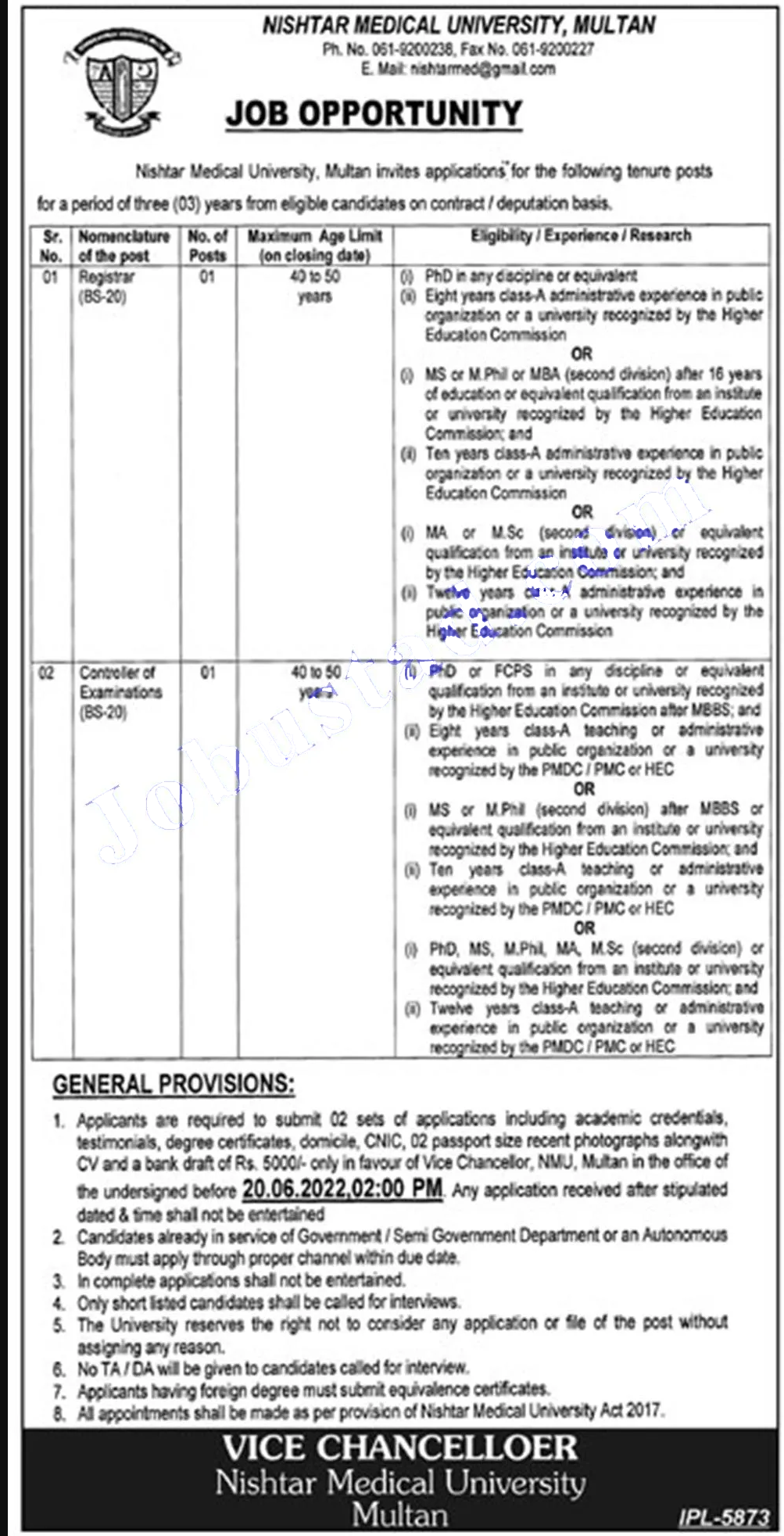 Nishtar Medical University Multan Jobs 2022 Application Form