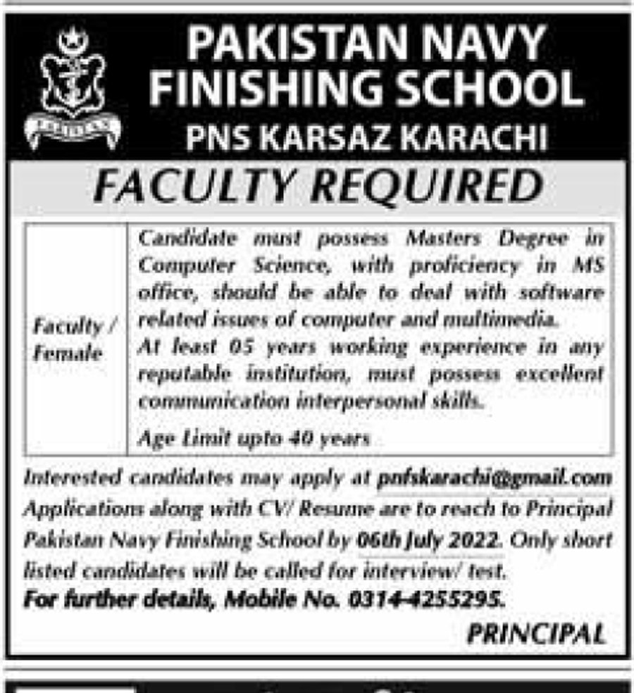 Pakistan Navy Finishing School PNS Karsaz Karachi jobs 2022