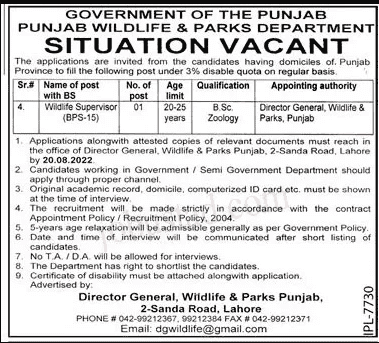 Punjab Wildlife and Parks Department Jobs 2022