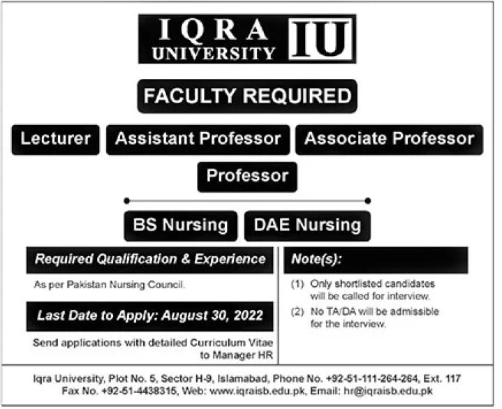 Iqra University Islamabad jobs 2022 Advertisement
