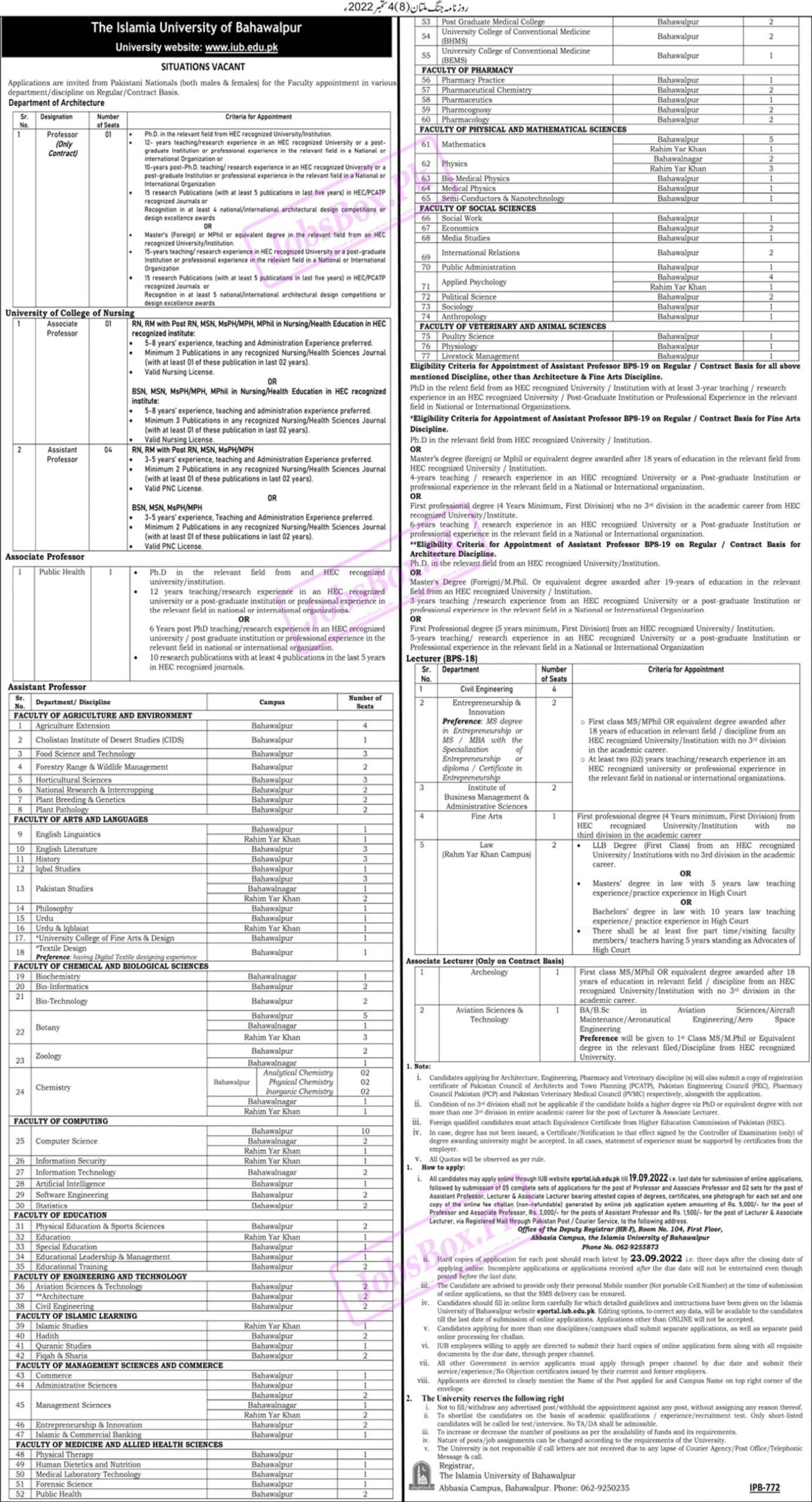 Islamia University of Bahawalpur IUB jobs 2022 Advertisement