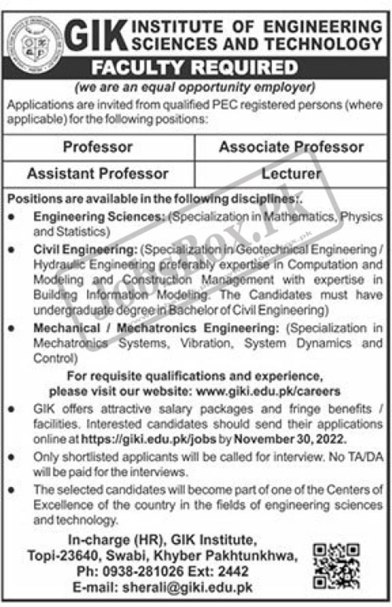 GIK Institute of Engineering Sciences and Technology Jobs 2022 