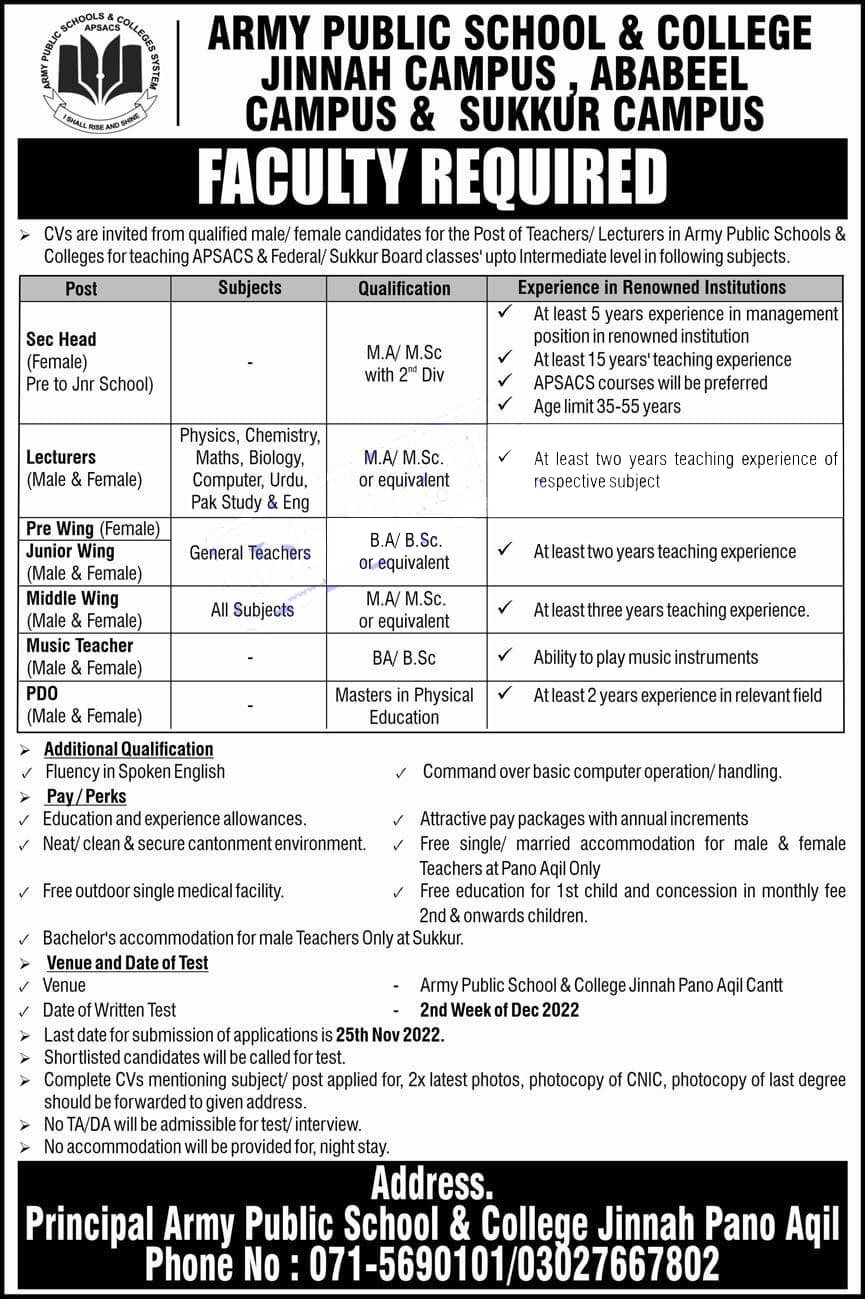 Army Public School APS and College Jobs November 2022 