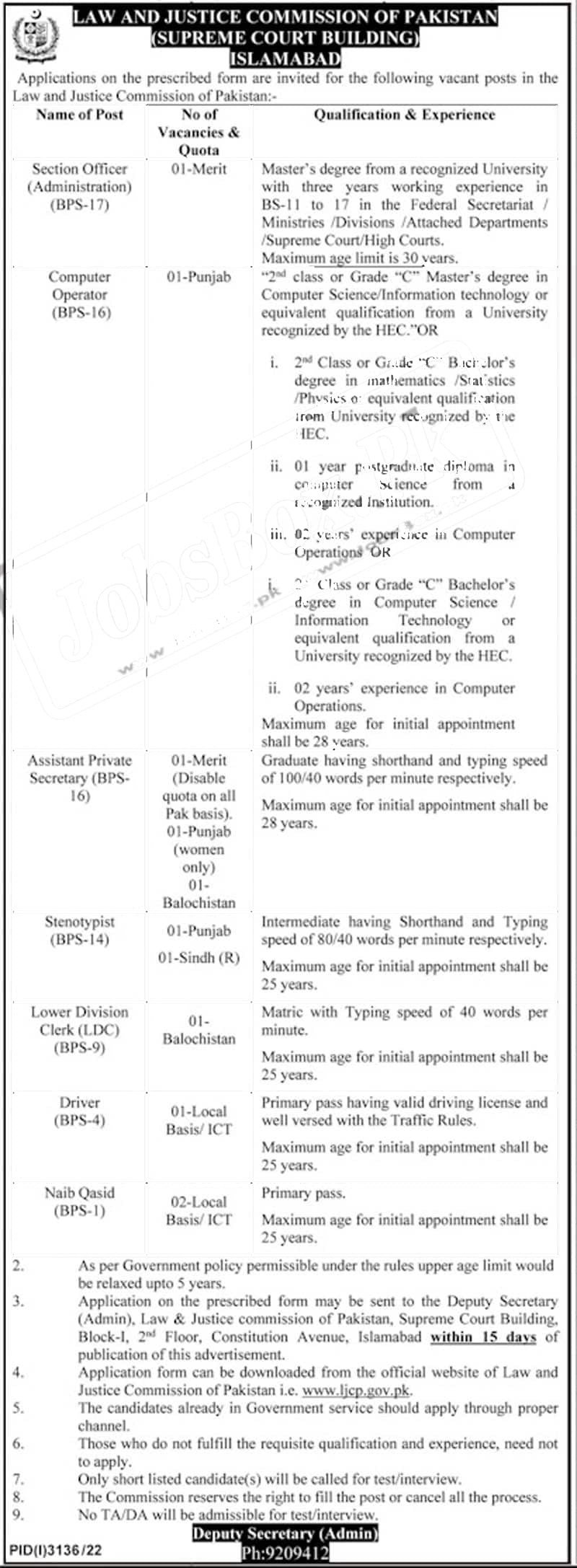 Law and Justice Commission of Pakistan LJCP Jobs November 2022 