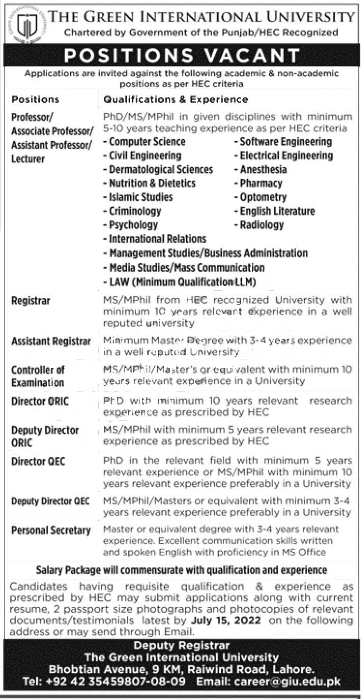 Green International University GIU Lahore jobs 2022 Application Form ...