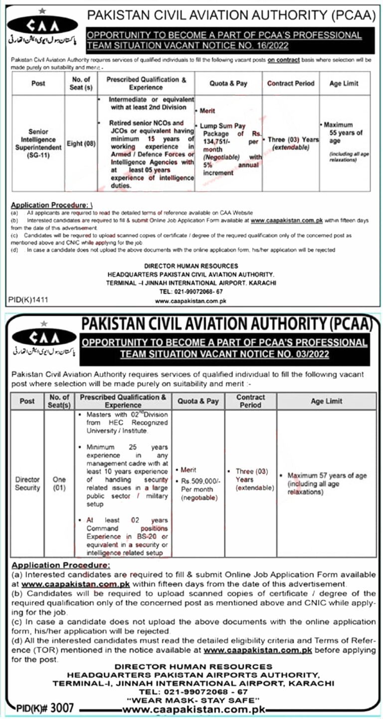Pakistan Civil Aviation Authority CAA Pakistan jobs 2022