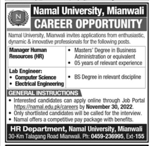 Namal University Mianwali Jobs Recruitment 2022 