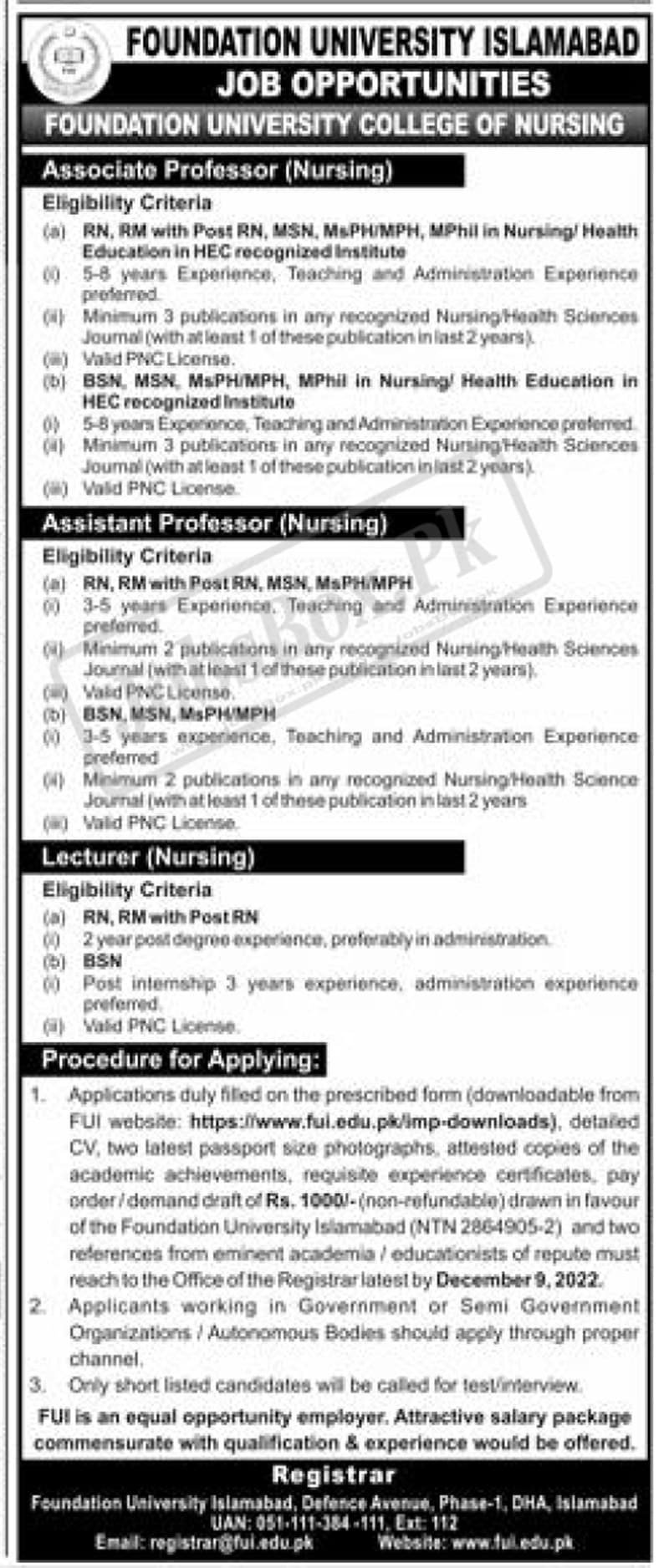Foundation University Islamabad FUI Jobs 2022 – www.fui.edu.pk