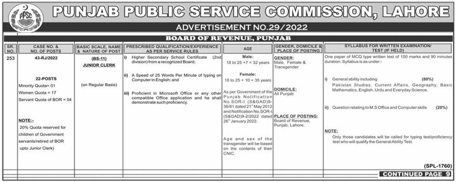 Junior Clerk Jobs at Board of Revenue Punjab Apply at PPSC
