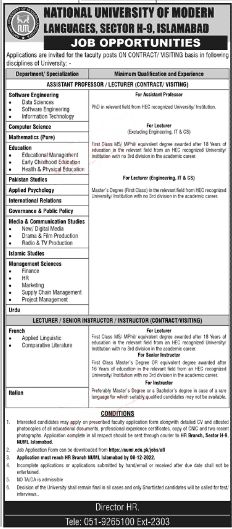 NUML Islamabad Jobs 2022 | Download Application Form at www.numl.edu.pk