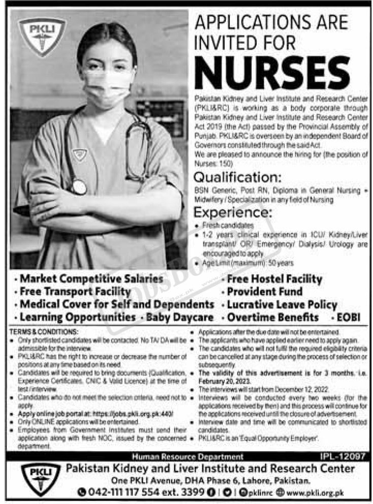 PKLI Jobs 2022 for Nurses | Apply Online at www.pkli.org.pk
