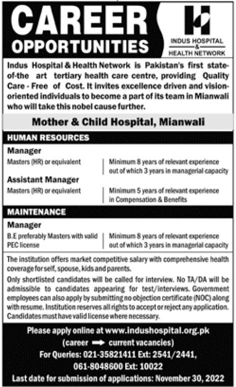 New Jobs in Indus Hospital and Health Network 2022 