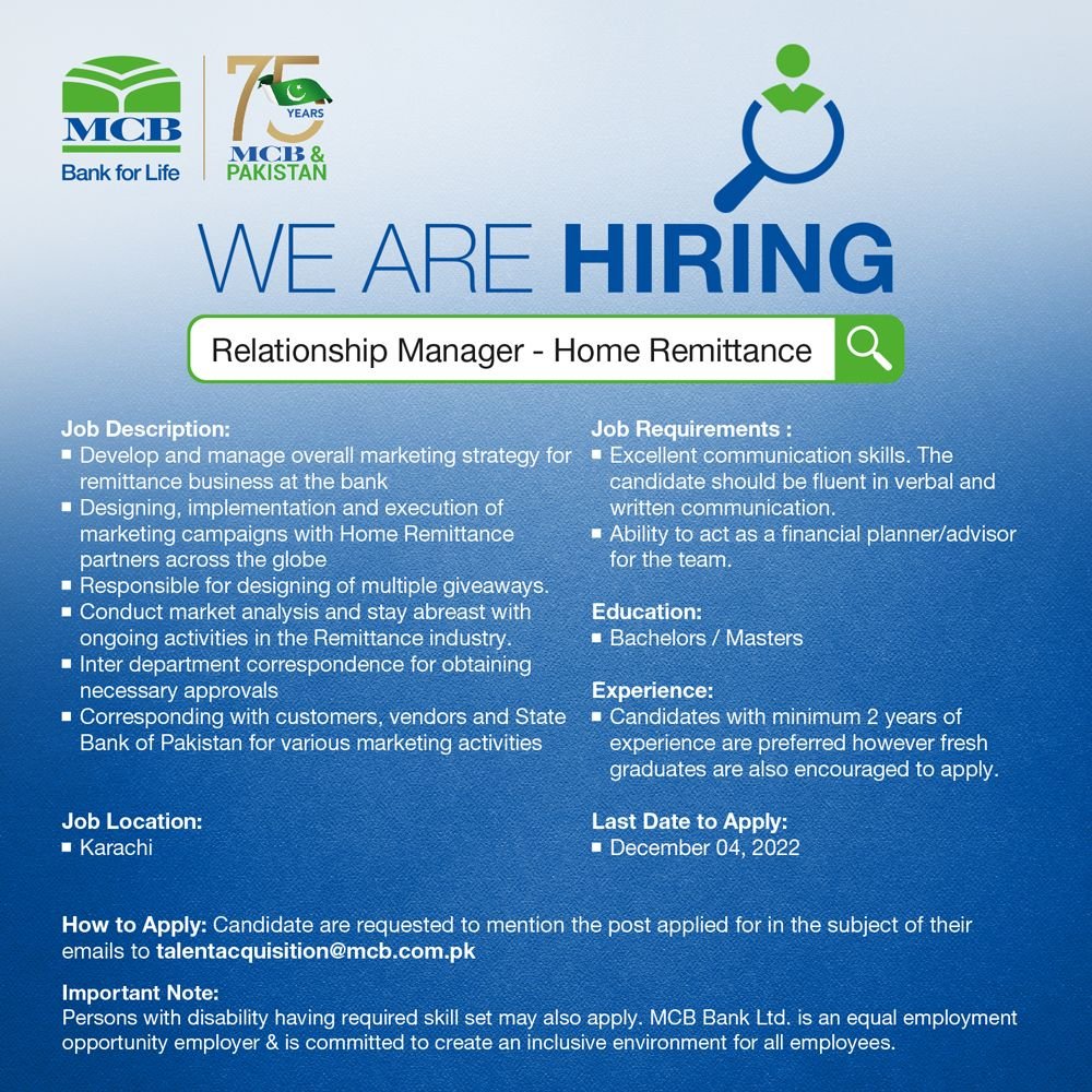 MCB Bank Jobs 2022 Recruitment | www.mcb.com.pk