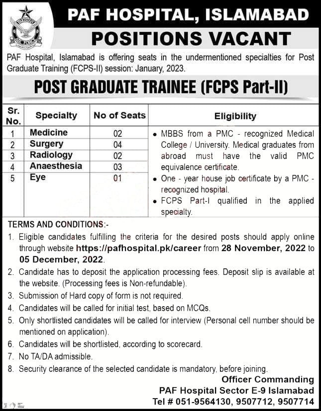Pakistan Air Force PAF Hospital Islamabad jobs 2022 