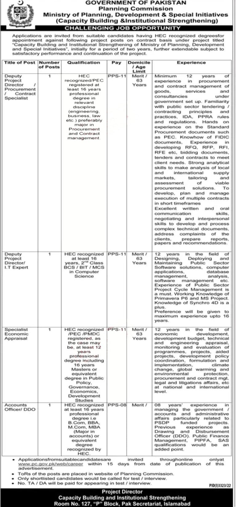 Ministry of Planning and Development Jobs 2022 in Planning Commission