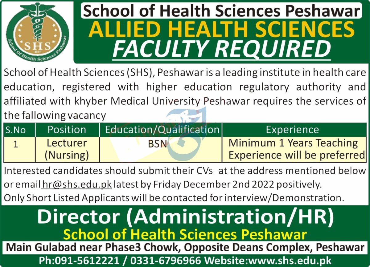 School of Health Sciences Peshawar jobs 2022 | www.shs.edu.pk