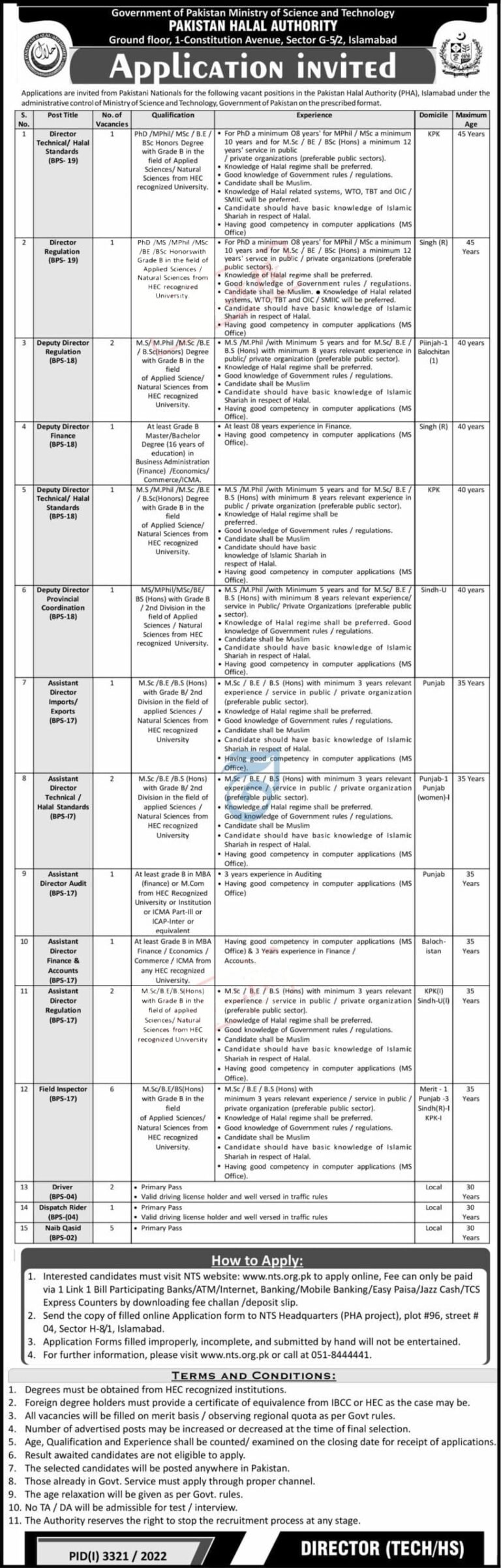 Pakistan Halal Authority PHA Islamabad Jobs 2022 NTS Apply