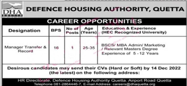 Defence Housing Authority DHA Quetta Jobs December 2022 