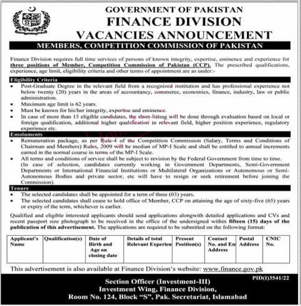 Finance Division Government of Pakistan jobs December 2022 