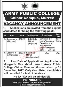 Latest Army Public College Murree Jobs 2022 