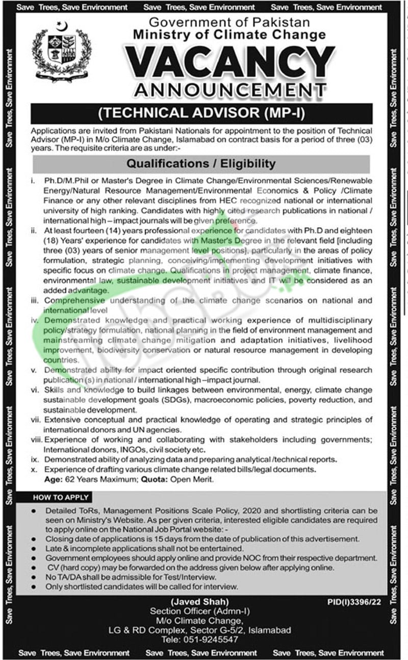 Ministry of Climate Change MOCC Jobs 2022 Online Apply