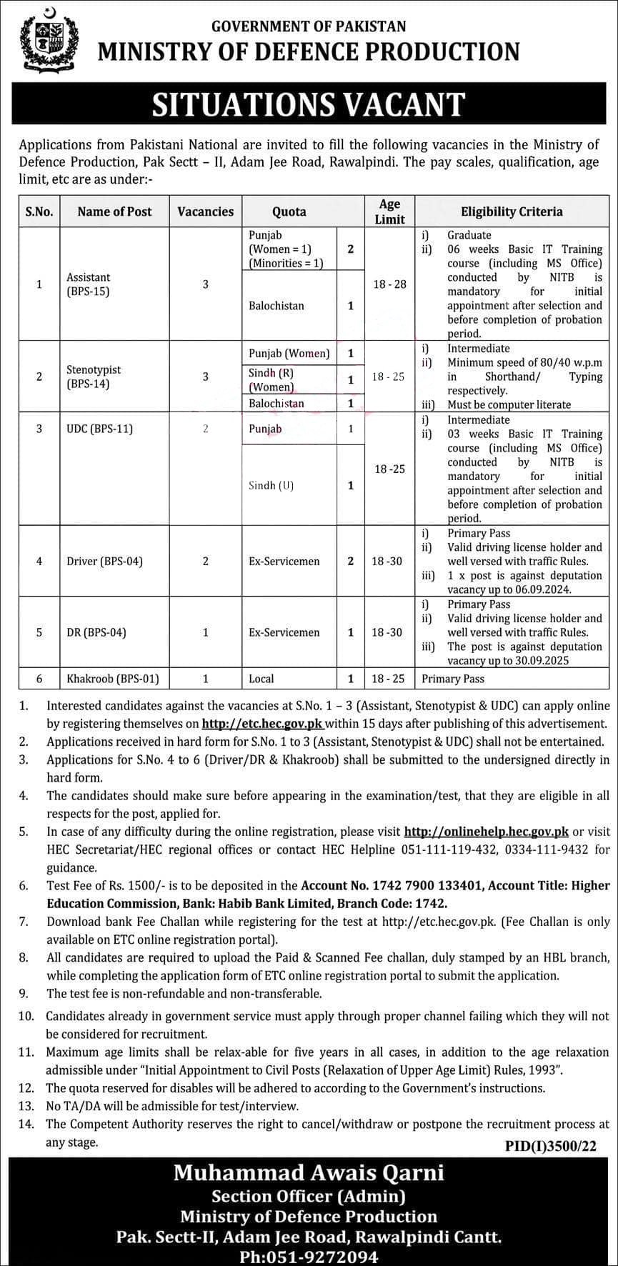 Ministry of Defence Production Rawalpindi Jobs December 2022 