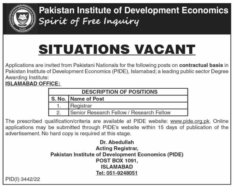 Pakistan Institute of Development Economics PIDE Jobs 2022