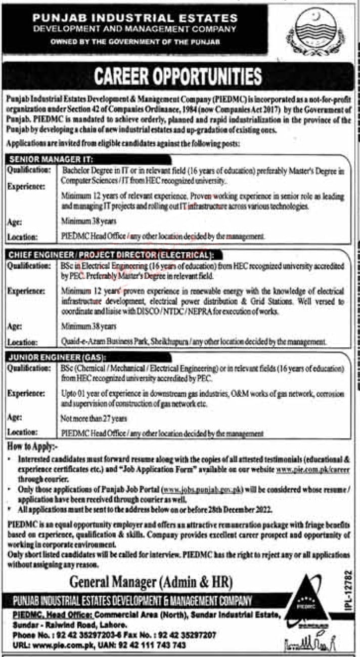 Punjab Industrial Estate Development and Management Company PIEDMC jobs 2022