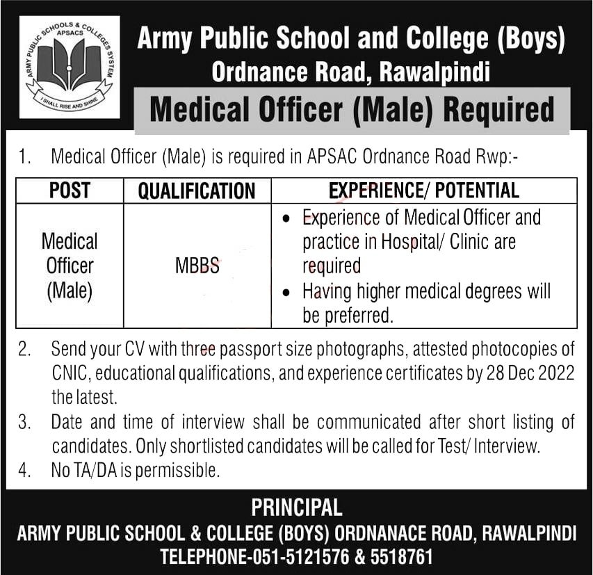 Army Public School and College Ordnance Read Rawalpindi Jobs 2022