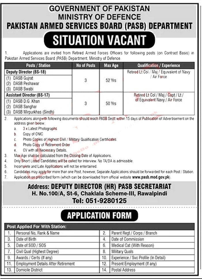 Latest Pakistan Armed Services Board Ministry of Defence Jobs 2022